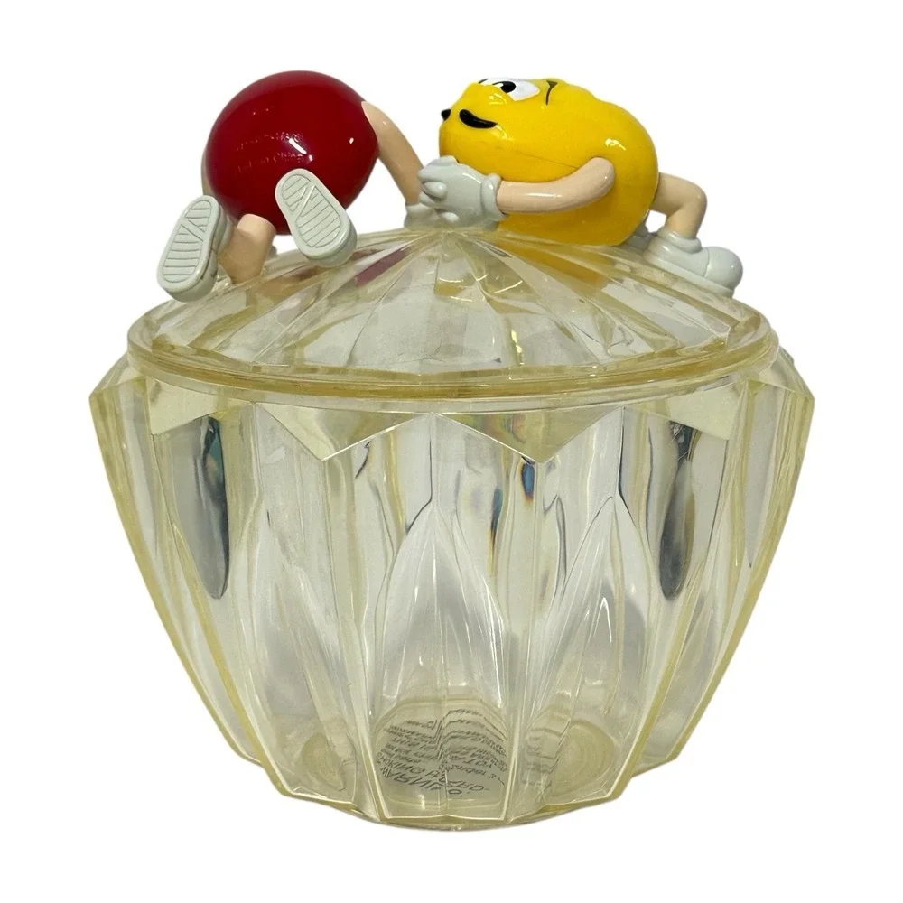 Vintage M&M‎ Candy Dish Lidded Bowl Clear Acrylic Plastic Faceted Collectible